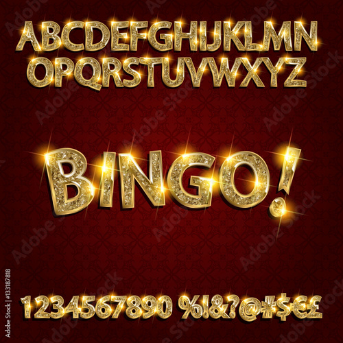 Bingo. Golden glowing alphabet and numbers on a dark background. Vector illustration for your graphic design.