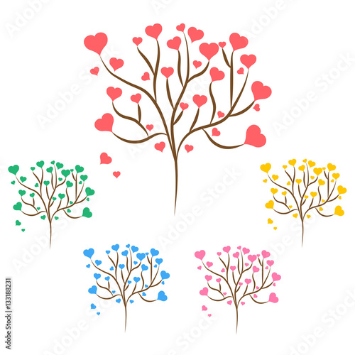 Set of love trees with red, green, blue, pink and yellow hearts leaves different sizes on white background. Vector illustration