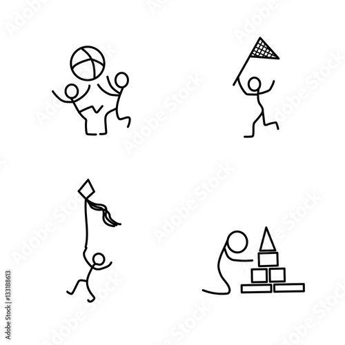 Cartoon icons set of sketch little people in cute miniature scenes.