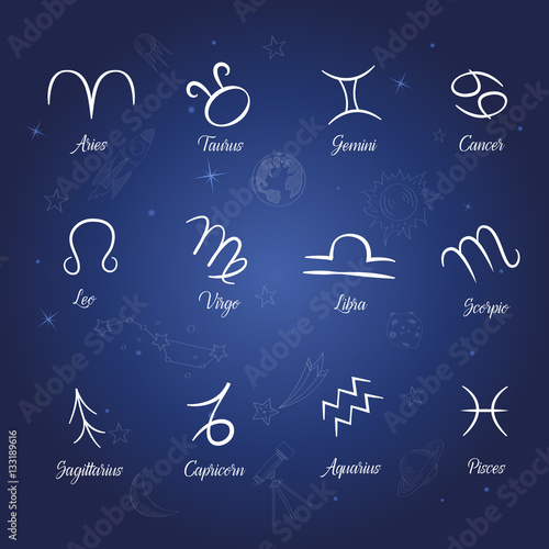 Set of zodiac signs on starry night background
