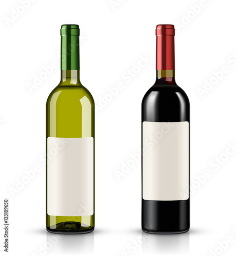 Red and white wine bottles on white background