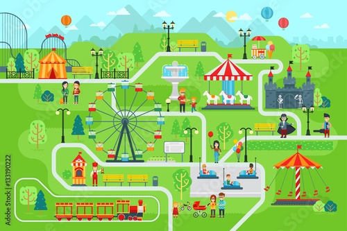 Amusement park map infographic elements in flat vector design. Happy people spend time relaxing in nature. Parents and children are walking in the park, attractions, castle, Ferris wheel, train, cars