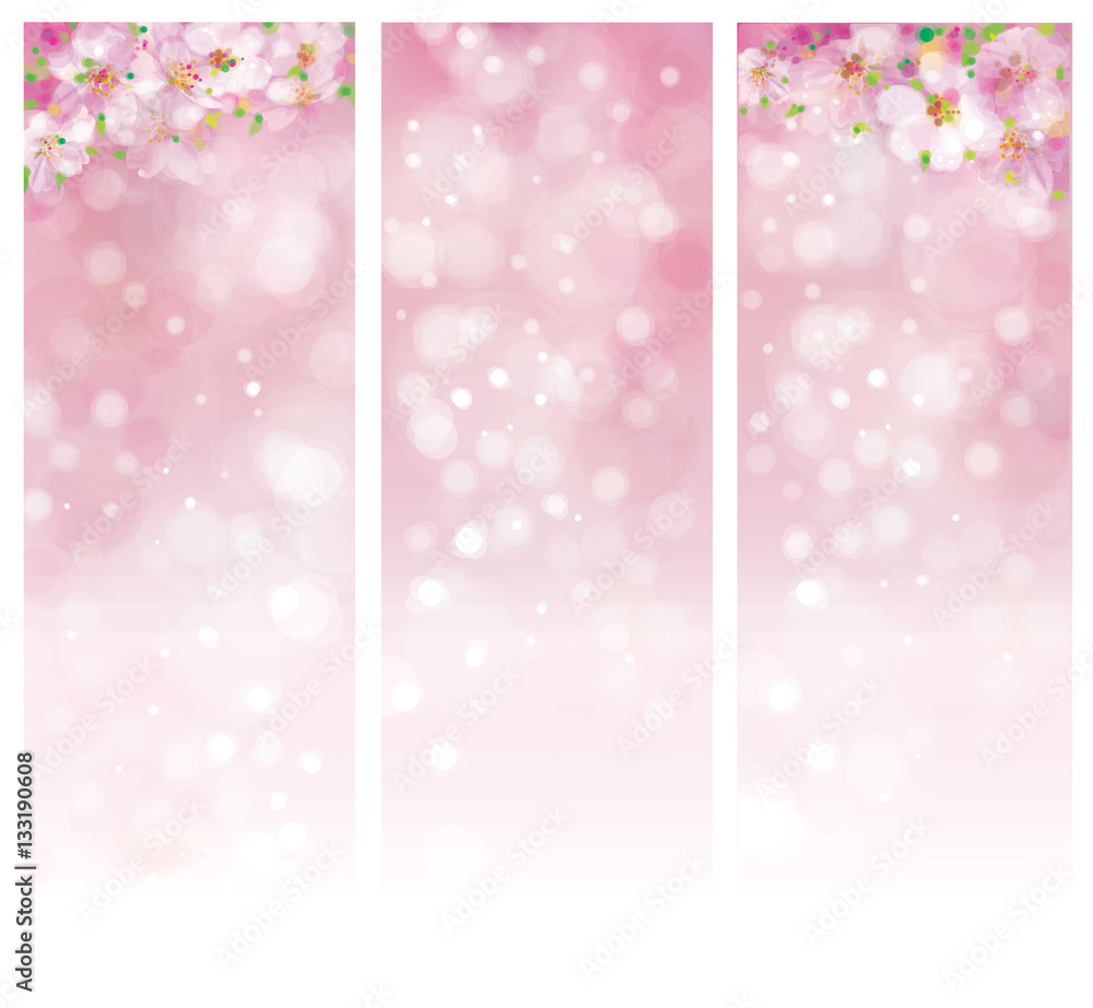 Vector blossoming sakura tree, pink bokeh banners.