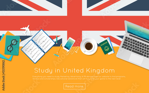 Study in United Kingdom concept for your web banner or print materials. Top view of a laptop, books and coffee cup on national flag. Flat style study abroad website header.