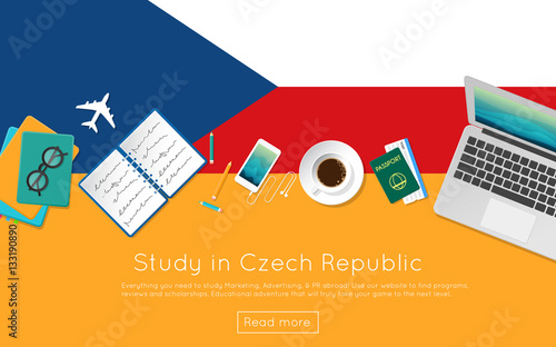 Study in Czech Republic concept for your web banner or print materials. Top view of a laptop, books and coffee cup on national flag. Flat style study abroad website header.