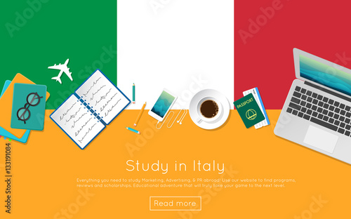 Study in Italy concept for your web banner or print materials. Top view of a laptop, books and coffee cup on national flag. Flat style study abroad website header.