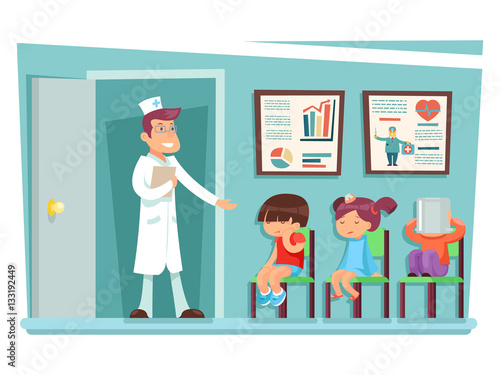 Sick children at doctor sitting on chairs cartoon characters vector illustration