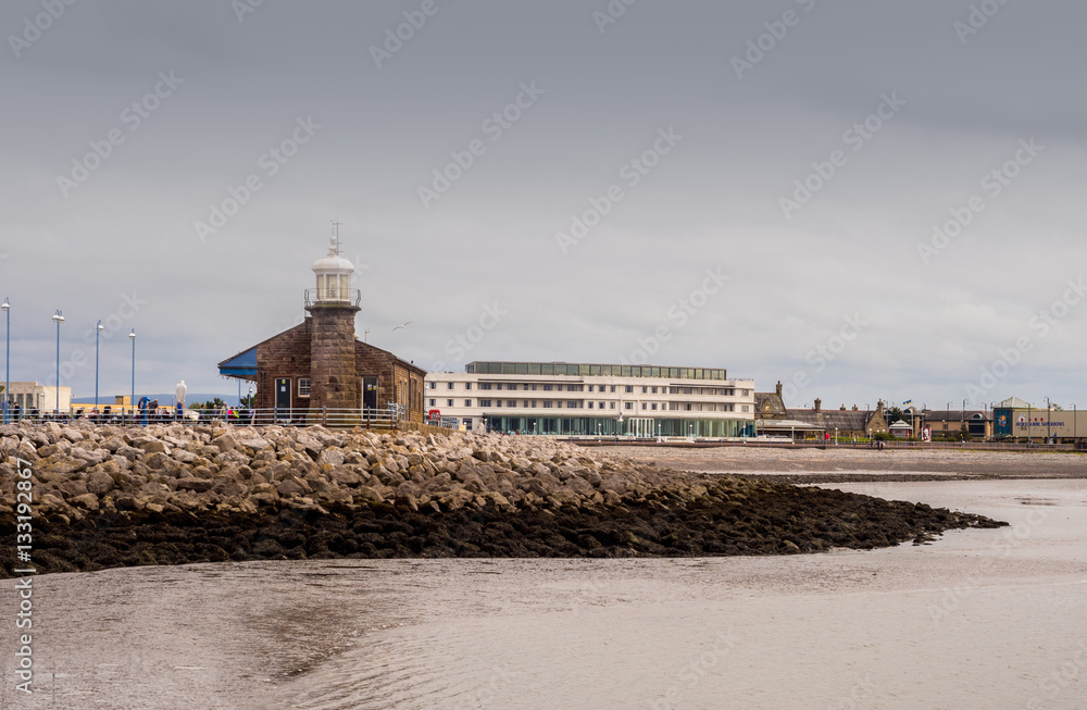 View of the Midland Hotel from along the promenade at Morecambe Bay, Morecambe, Lancashire, UK