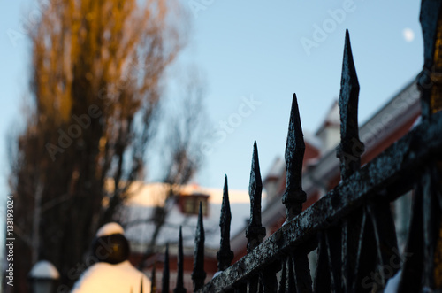 Old cast iron spiked fence in a park