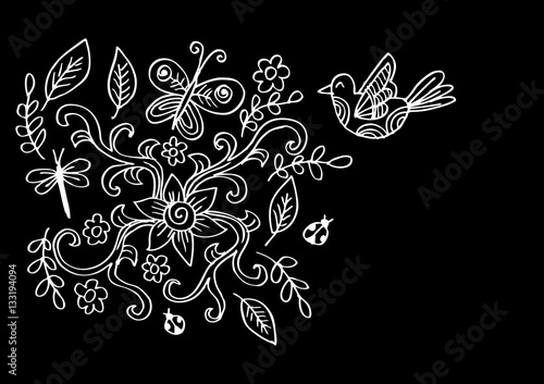 Hand Drawn floral ornaments with flowers and bird