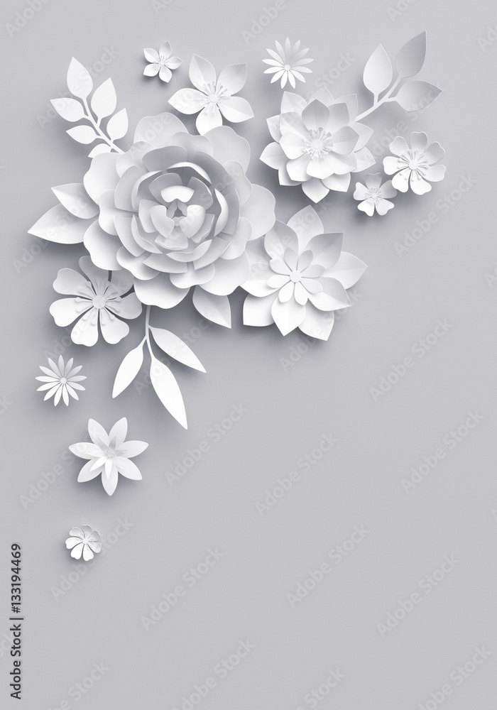 3d Render Digital Illustration White Paper Flowers Floral Background Corner Decoration Stock Illustration Adobe Stock