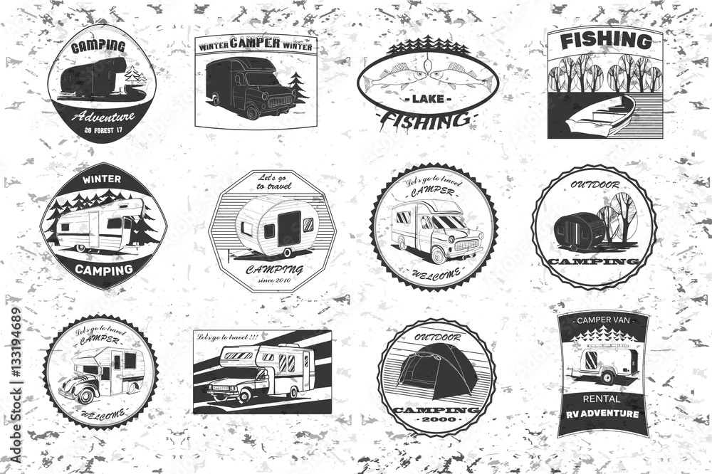 vintage camping and outdoor adventure emblems, logos and badges. Camping equipment. Camp trailer in the forest.