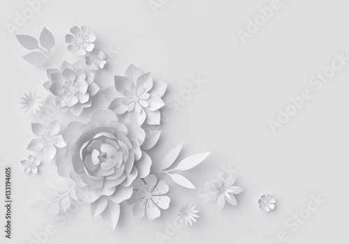 3d render, digital illustration, white paper flowers, floral background, corner decoration