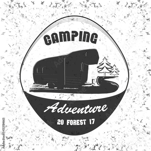 vintage camping and outdoor adventure emblems, logos and badges. Camping equipment. Camp trailer in the forest.