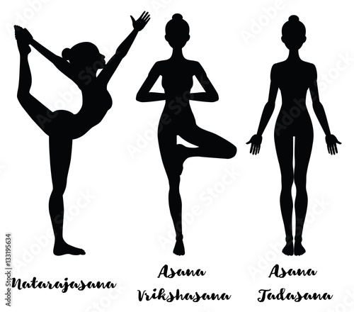 Women silhouette. Lord of the dance yoga pose. Natarajasana. mountain . Tadasana. tree . Vrikshasana