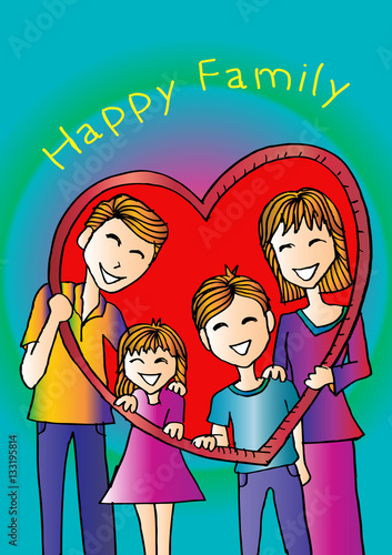 Happy Family Holding a Hollow Frame. Doodle style.