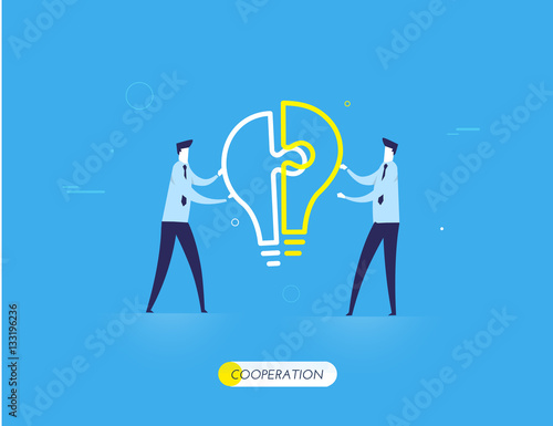 Businessmen connect lamp puzzle.