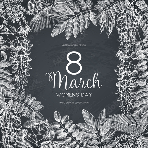 Vintage trees and shrubs in flowers illustration. Valentine's Day or Wedding design template. Vector greeting card with hand drawn wisteria, black locust, silver wattle, albizia sketch.