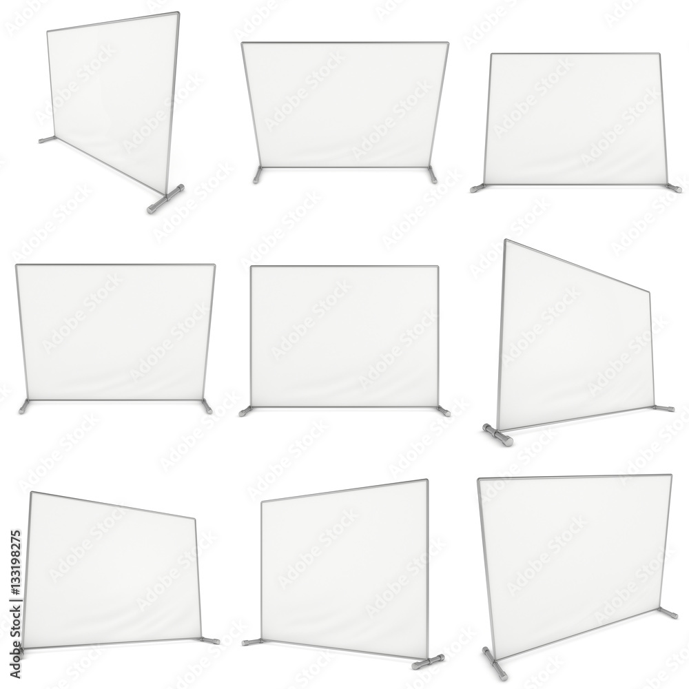 Billet press wall with blank banner set. Mobile trade show booth white and blank. 3d render isolated on white background. High Resolution Template for your design. Billet press wall with blank banner set. Mobile trade show booth white and blank. 3d render isolated on white background. High Resolution Template for your design.