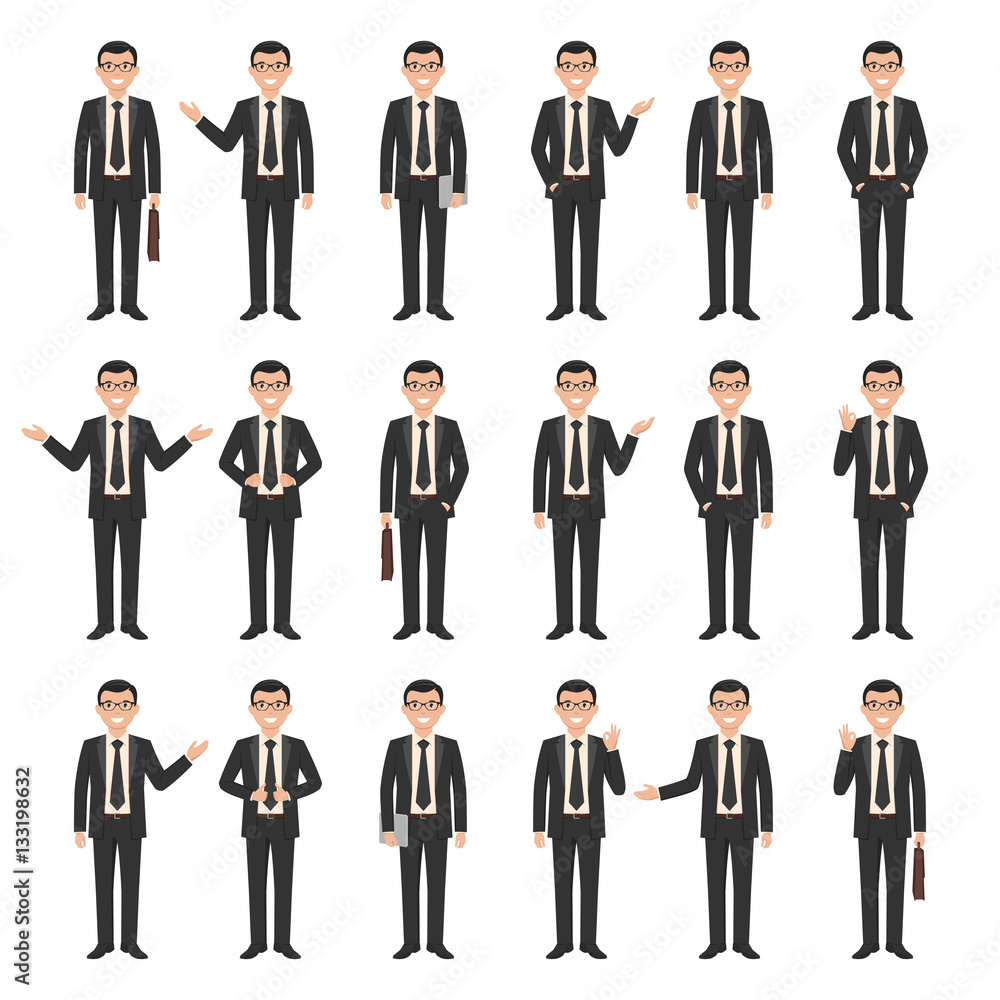 Collection of a young cartoon style smiling businessman in a black suit Collection of a young cartoon style smiling businessman in a black suit