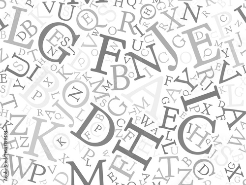 Seamless background pattern mosaic of grey letters on white background. Simple flat vector illustration.