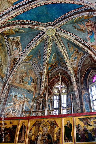 Mural in the fortified medieval saxon church Malancrav. Malancrav, Transylvania. Here some of the most significant Gothic murals in Transylvania.  photo