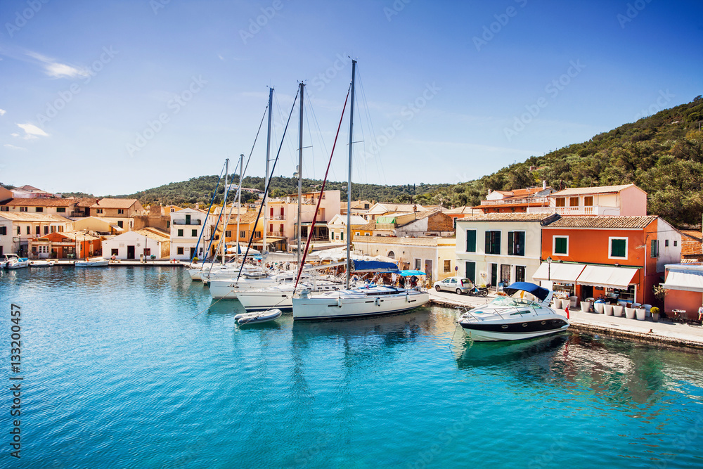 Sailing boats in the Gaios town, Paxos island, Greece