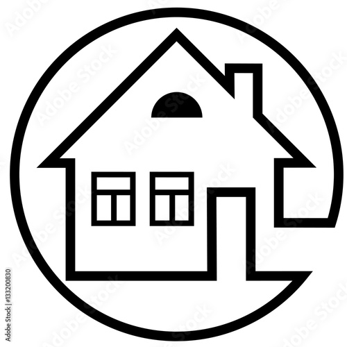 Round icon house with a chimney and windows with black outline