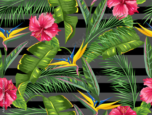 Seamless pattern with tropical leaves and flowers. Palms branches, bird of paradise flower, hibiscus