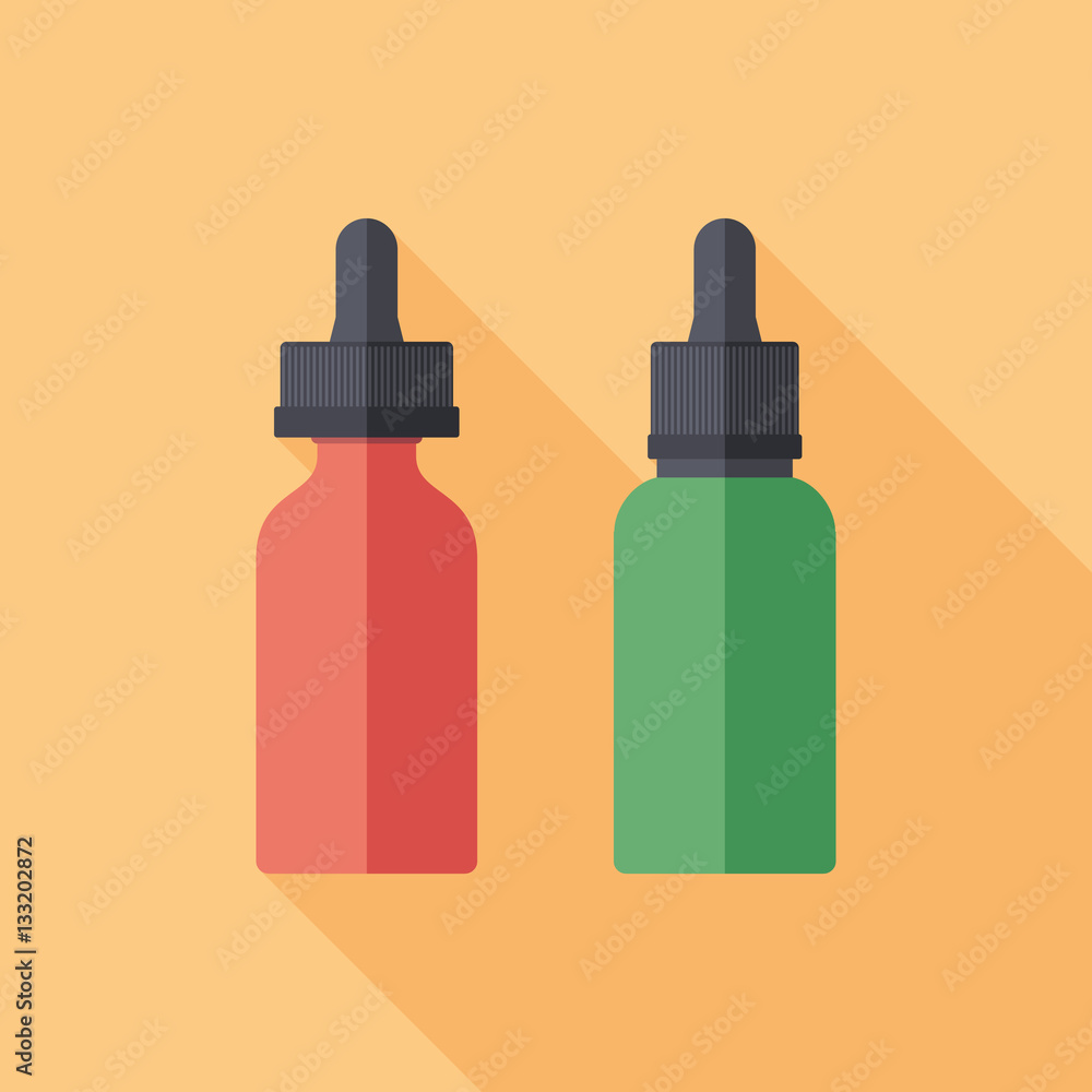 Fototapeta premium Vaping glass e-liquid bottles flat square icon with long shadows.