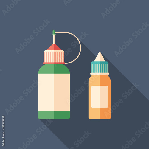 Plastic e-cigarette bottles flat square icon with long shadows.