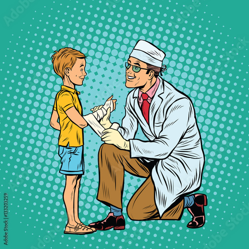 Retro doctor bandaging boy injured arm
