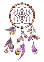 watercolor illustration, dream catcher clip art, Easter pink feathers, boho design element, isolated on white background