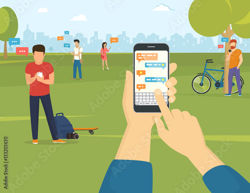 Human hand holds smart phone with messenger app. Flat illustration of people using gadgets walking outdoors in the park. Young people texting messages via messenger using smartphone in the park
