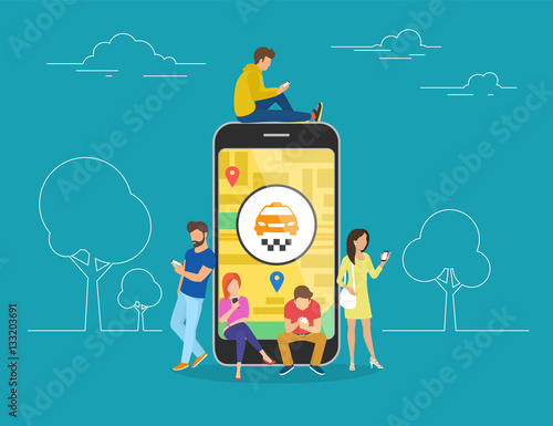 Booking taxi online concept design. Flat illustration of young men and women standing near big smartphone and using their own smart phones for ordering taxi cab via mobile app and paying online.