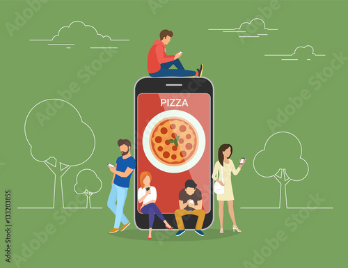 Ordering pizza online concept design. Flat illustration of young men and women standing near big smartphone and using their own smart phones for ordering junk food via mobile app and paying online.
