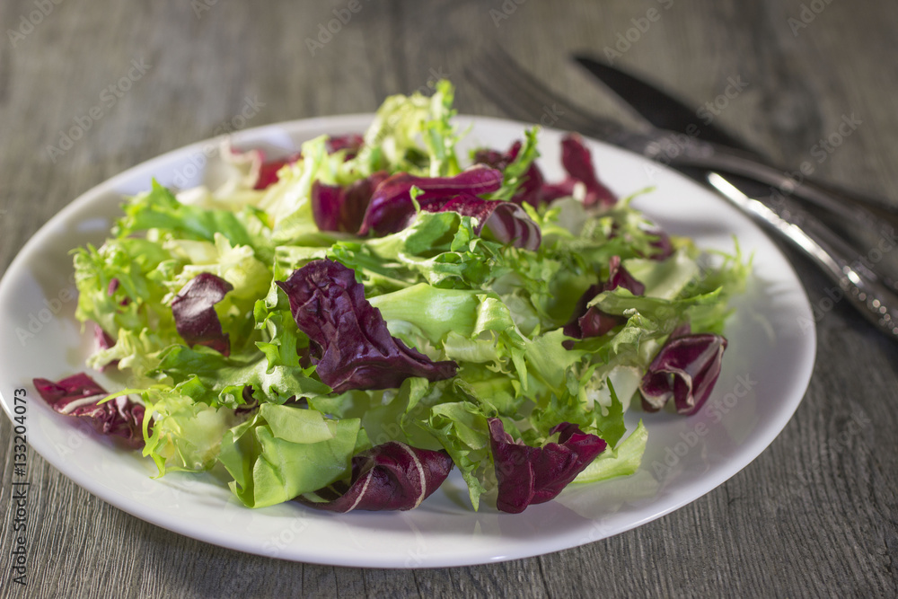 A colorful vegetarian salad from vegetables on a white plate on a gray background A colorful vegetarian salad from vegetables on a white plate on a gray background