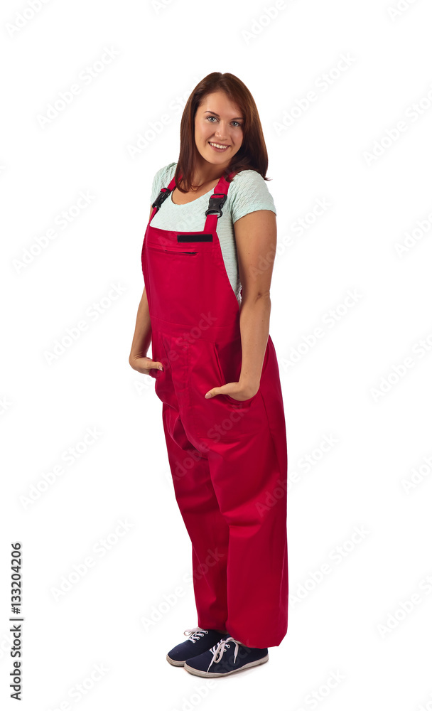 woman in red overalls , isolated on white woman in red overalls , isolated on white