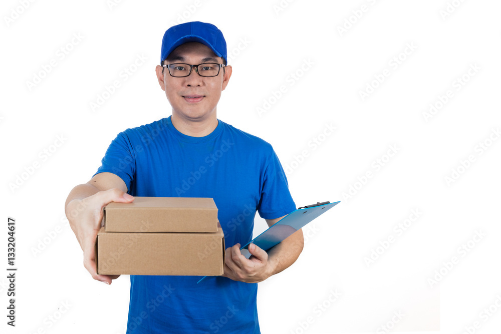 Smart Asian Chinese delivery guy in uniform delivering parcel Smart Asian Chinese delivery guy in uniform delivering parcel