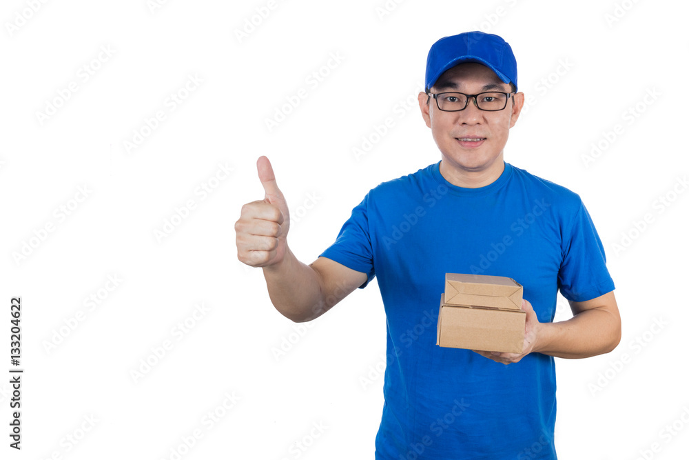 Asian Chinese delivery guy in uniform showing thumbs up in isolated white background.