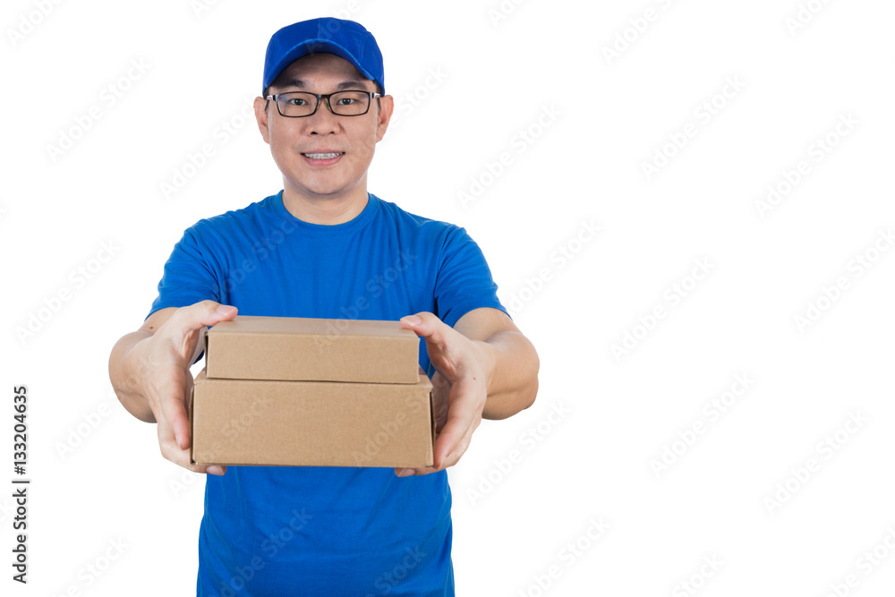 Smart Asian Chinese delivery guy in uniform delivering parcel Smart Asian Chinese delivery guy in uniform delivering parcel