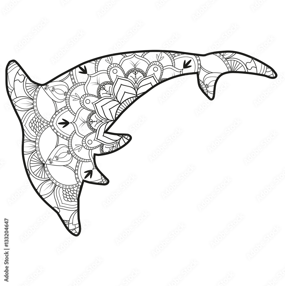 Fototapeta premium Vector illustration of a dolphin mandala for coloring book, delfino mandala vettoriale da colorare antistress