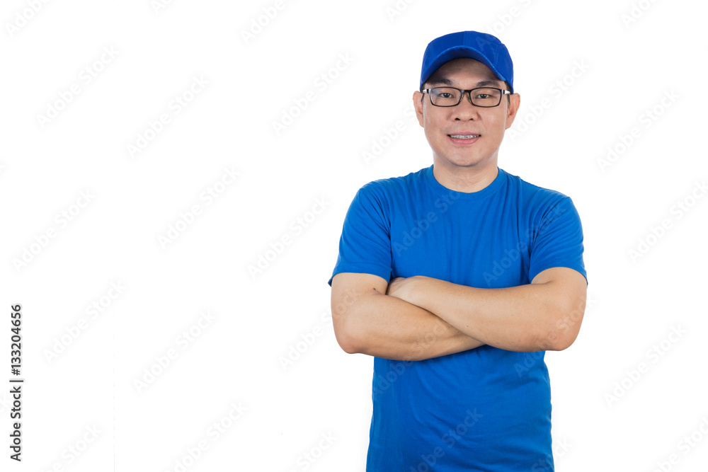 Asian Chinese man wearing blue shirt with crossed arm Asian Chinese man wearing blue shirt with crossed arm