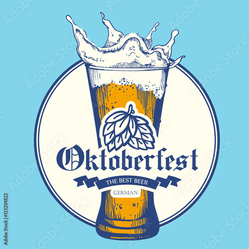 Oktoberfest icon. Drink menu. Vector illustration with beer glass in sketch style for pub. Alcoholic festival beverages on blue background.