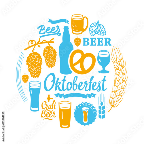 Different types of beer, cider and snack in sketch style. Round composition for pub menu. Vector illustration with drinks on white background.
