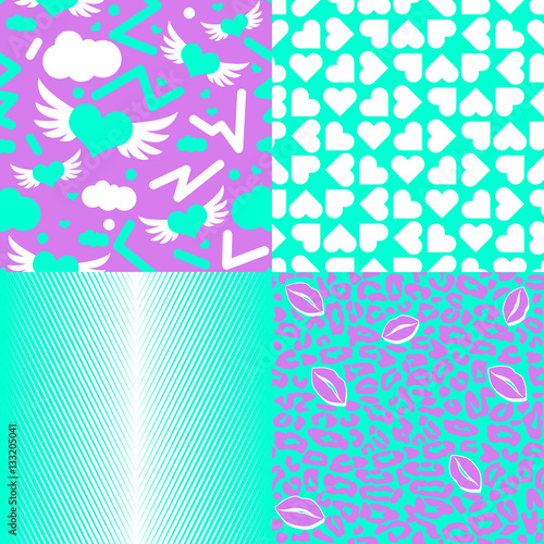 Love in the 80's Pattern Set. Collection of 4 seamless Valentines love patterns  with an eighties look.