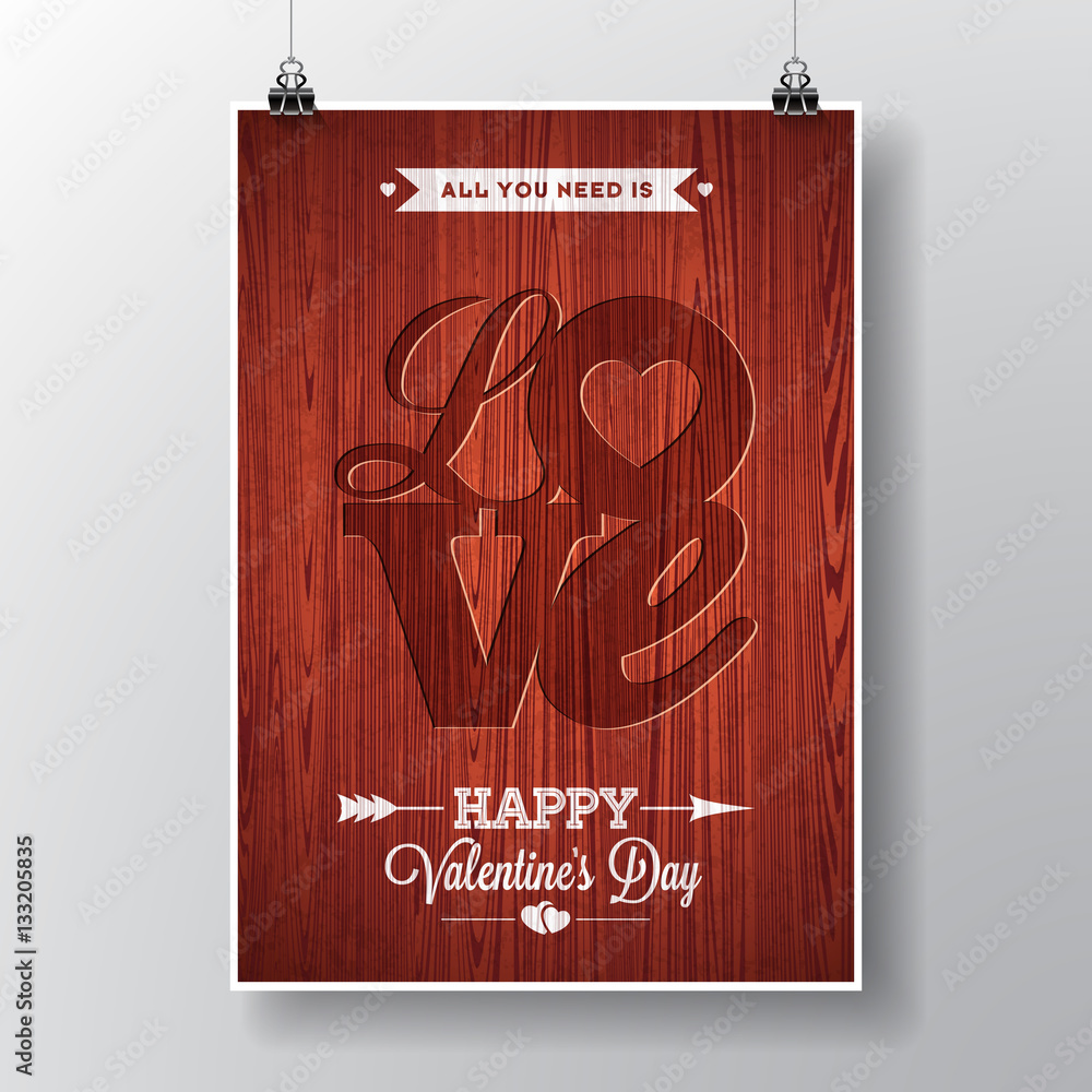 Naklejka premium Vector Flyer illustration on a Valentine's Day theme with Love typographic design on wood texture background.