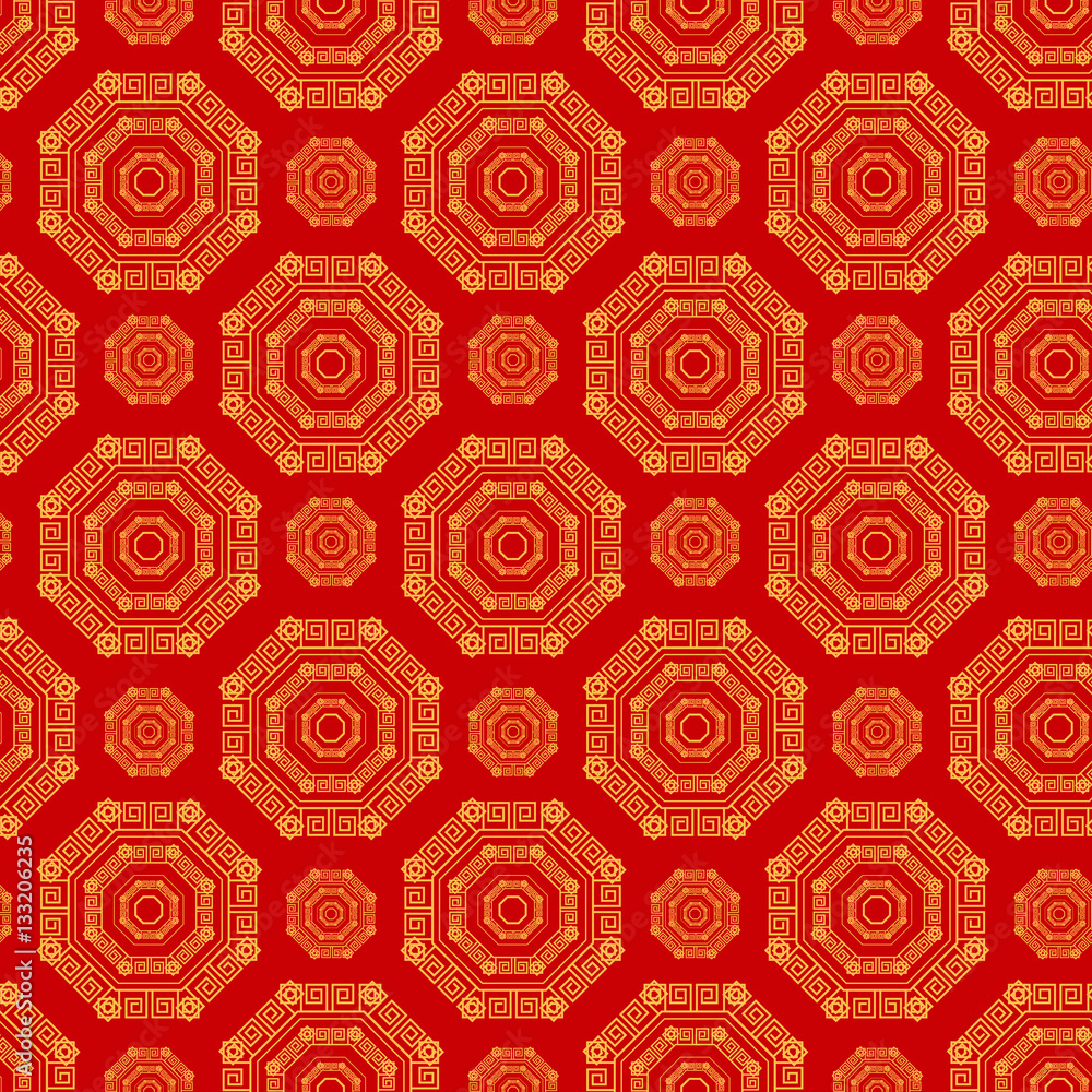 Chinese seamless pattern of red color with a golden ornament. Chinese seamless pattern of red color with a golden ornament.