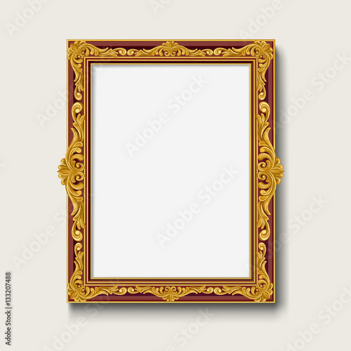 Vintage gold wood photo frame on white background