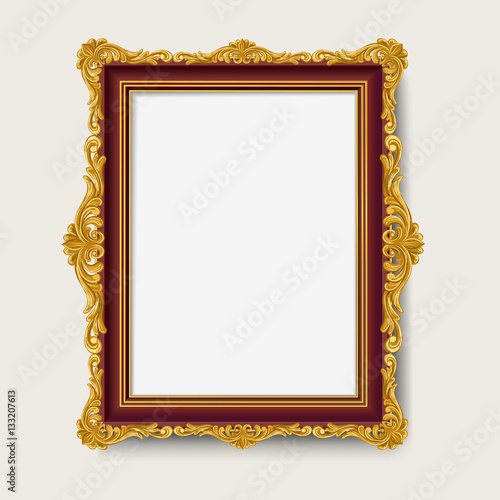 Vintage gold wood photo frame on white background